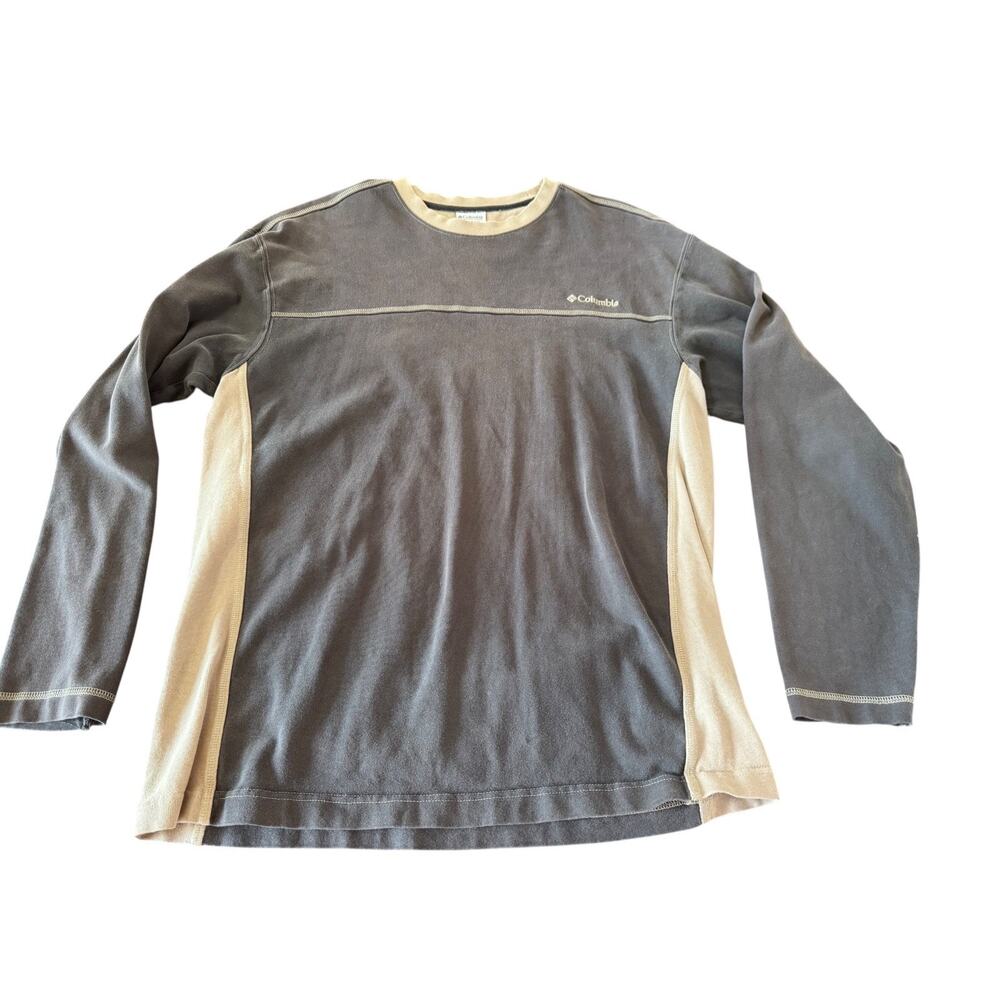Columbia Fleece Pullover Mens Medium Gray Tan Colorblock Crewneck Hiking Fall